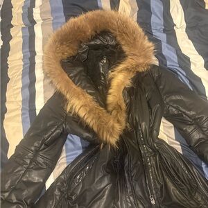 Mackage Black Puffer Jacket with Faux Fur Trim